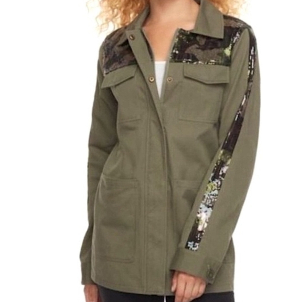 Madden NYC Twill Military Utility Jacket Olive Green Camo Sequins - Women's M - Picture 8 of 8